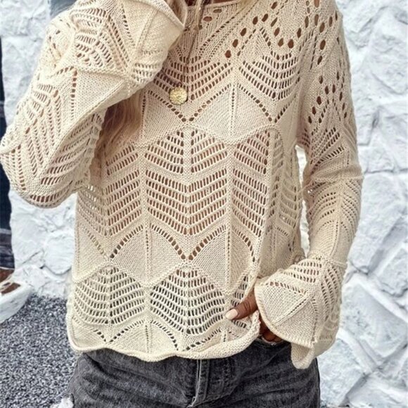 2/$40 Ivory Beige Lace Knit Crochet Chevron Sweater Pullover Long Sleeve Top L - Picture 8 of 9
